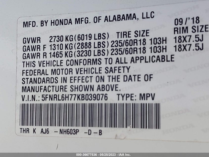 VIN 5FNRL6H77KB039076 2019 HONDA ODYSSEY EX-L