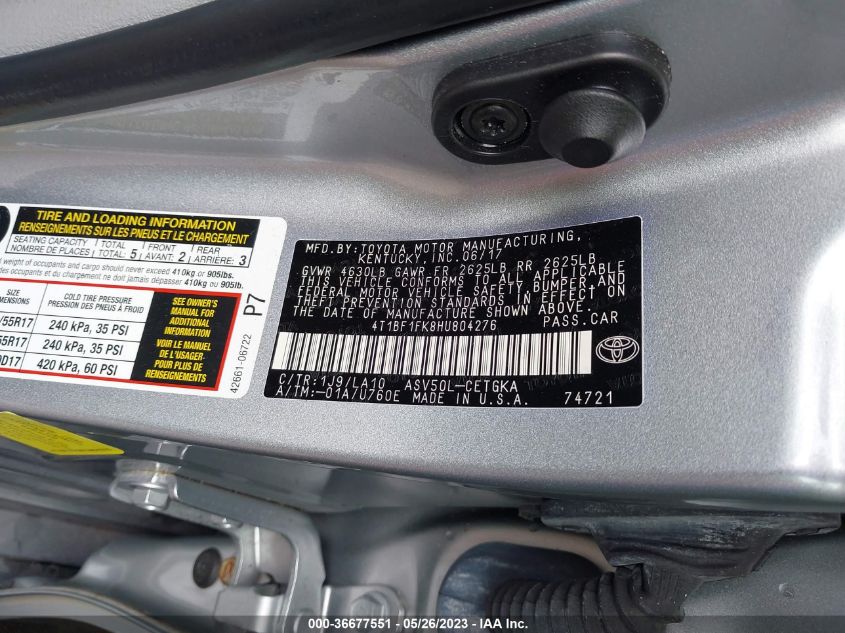 2017 TOYOTA CAMRY XLE/SE/LE/XSE - 4T1BF1FK8HU804276