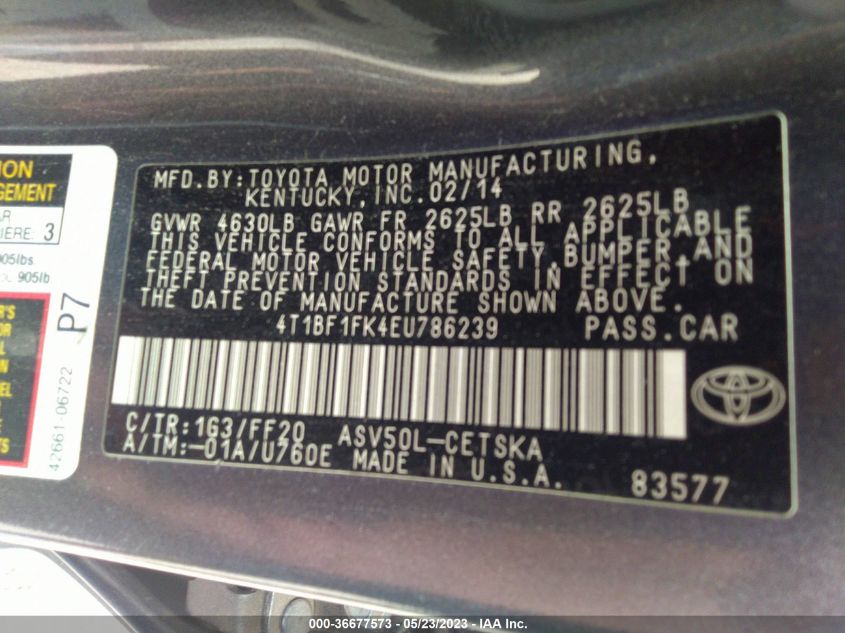 2014 TOYOTA CAMRY L/LE/XLE/SE/SE SPORT - 4T1BF1FK4EU786239