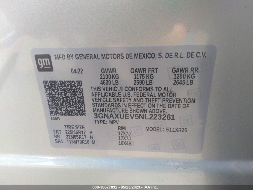 2022 CHEVROLET EQUINOX LT - 3GNAXUEV5NL223261