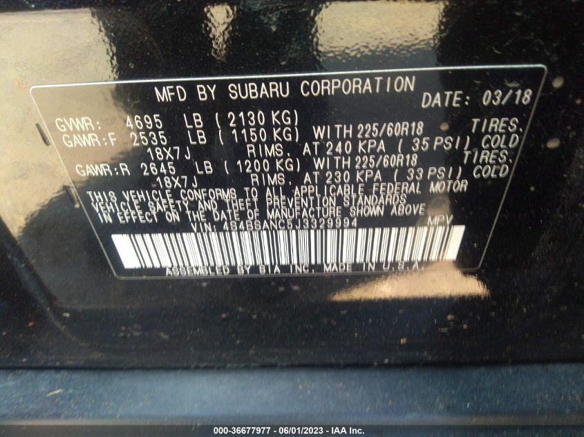 2018 SUBARU OUTBACK LIMITED - 4S4BSANC5J3329994