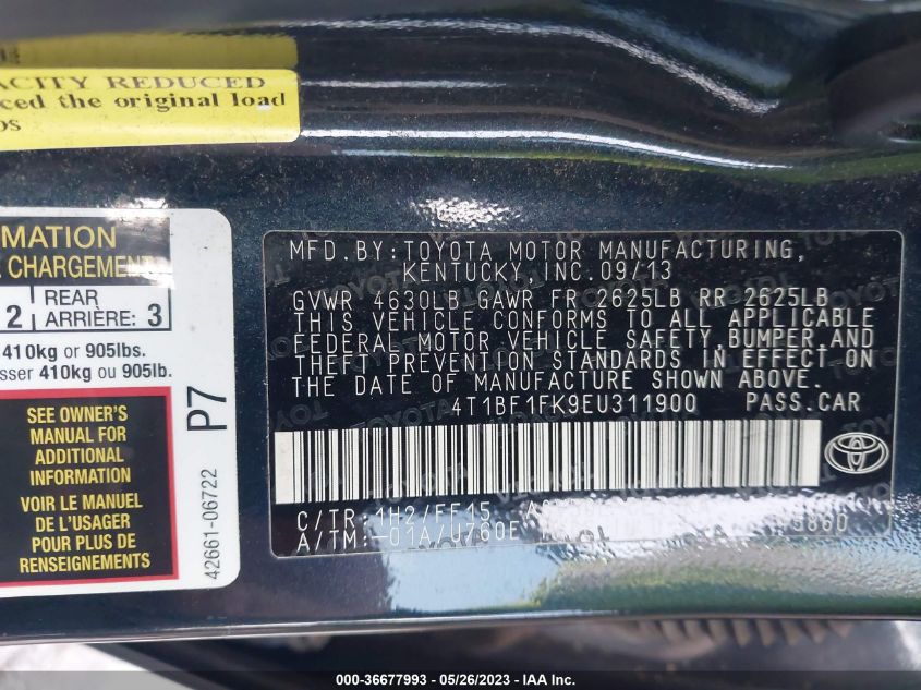 2014 TOYOTA CAMRY L/LE/XLE/SE/SE SPORT - 4T1BF1FK9EU311900