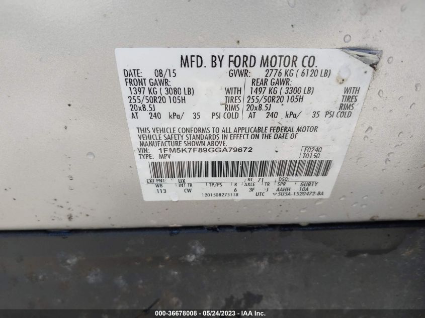 2016 FORD EXPLORER LIMITED - 1FM5K7F89GGA79672