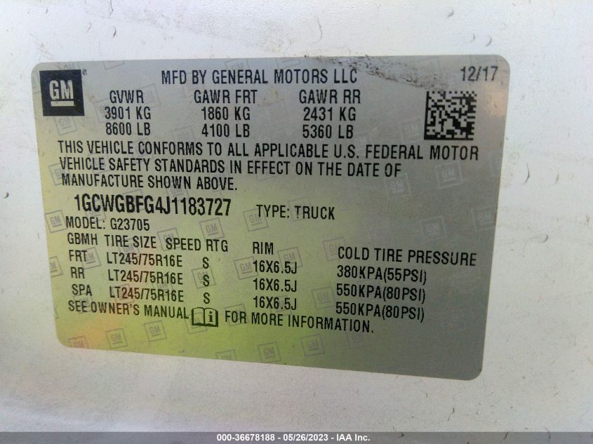 2018 CHEVROLET EXPRESS CARGO VAN - 1GCWGBFG4J1183727