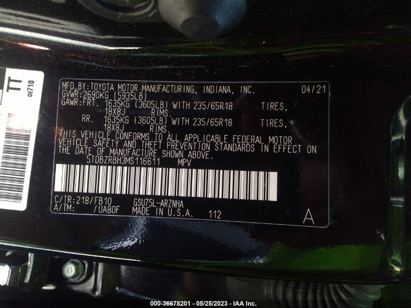 2021 TOYOTA HIGHLANDER L/LE - 5TDBZRBH3MS116611
