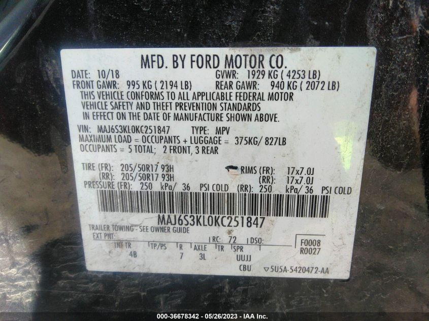 2019 FORD ECOSPORT TITANIUM - MAJ6S3KL0KC251847