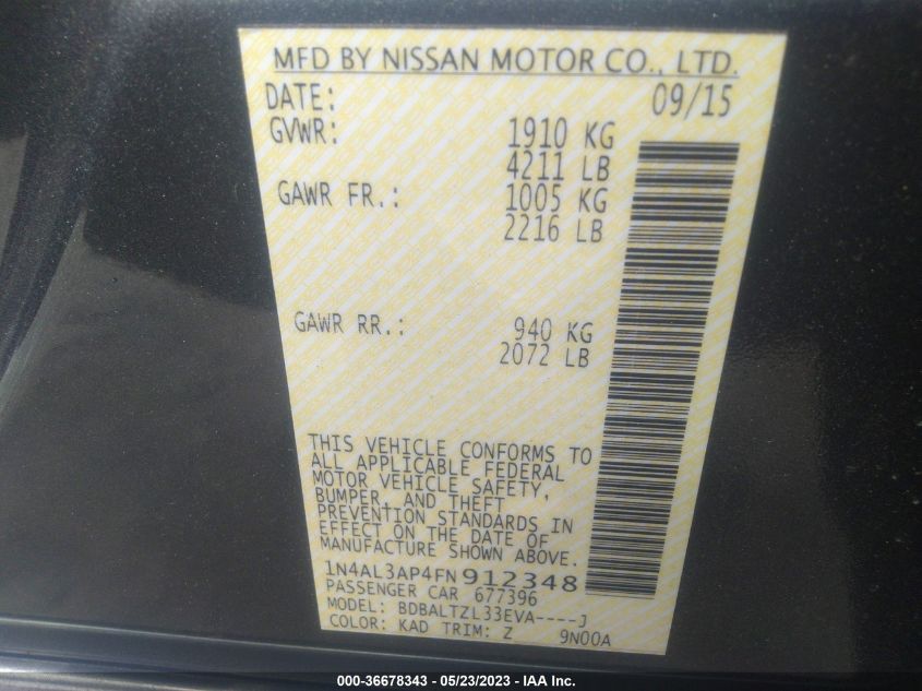 2015 NISSAN ALTIMA 2.5 SL - 1N4AL3AP4FN912348