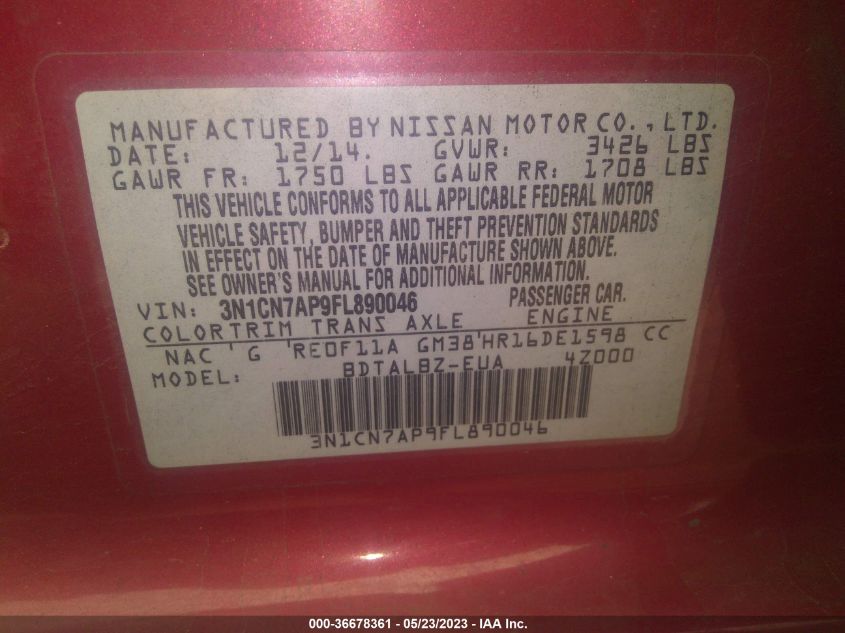 2015 NISSAN VERSA S/S PLUS/SL/SV - 3N1CN7AP9FL890046