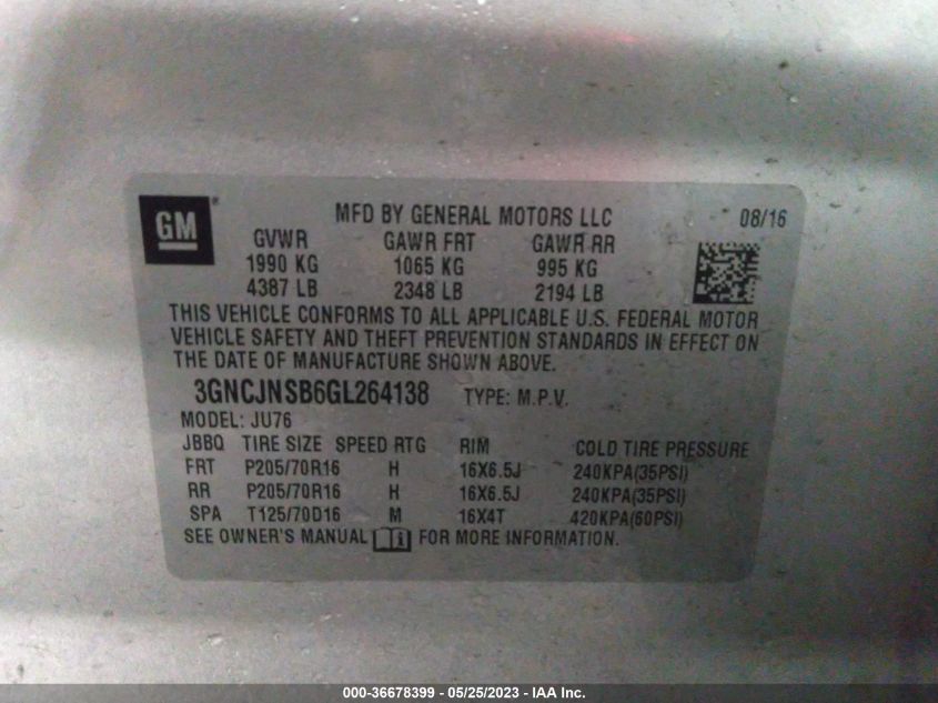 2016 CHEVROLET TRAX LS - 3GNCJNSB6GL264138