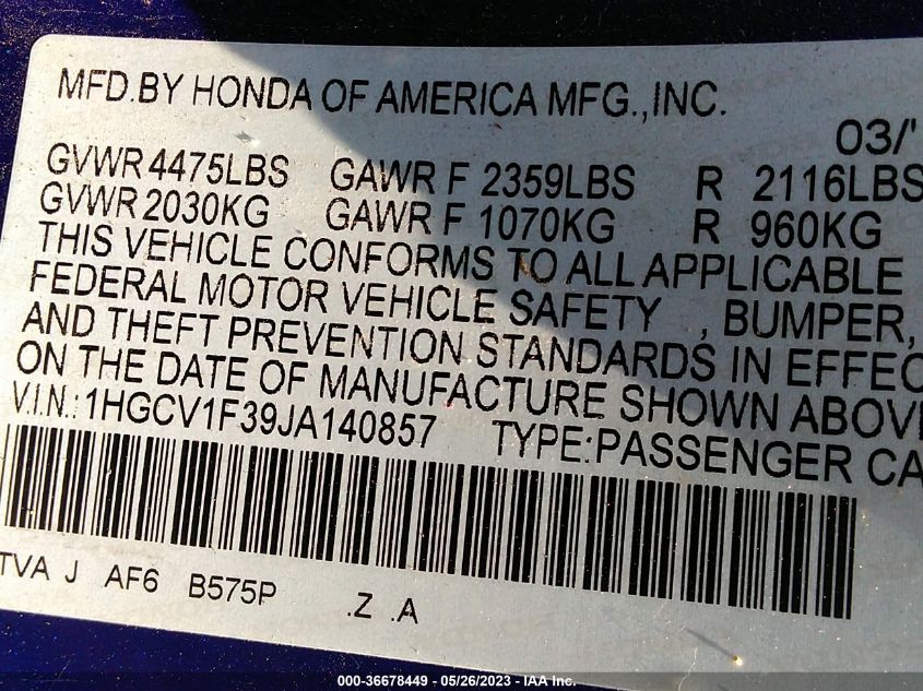 2018 HONDA ACCORD SEDAN SPORT 1.5T - 1HGCV1F39JA140857