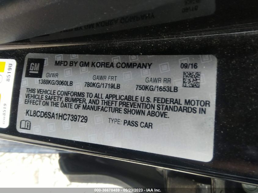 2017 CHEVROLET SPARK LT - KL8CD6SA1HC739729