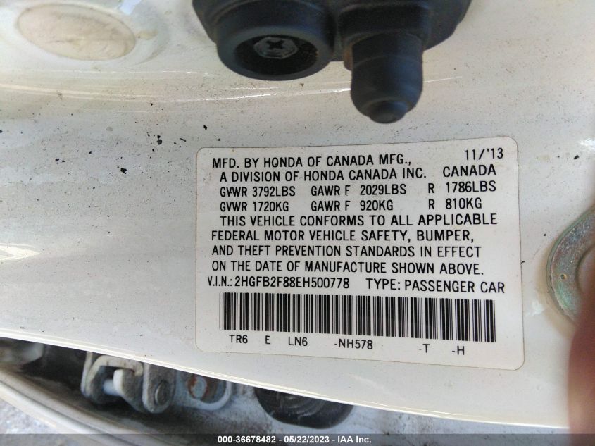 2014 HONDA CIVIC SEDAN EX - 2HGFB2F88EH500778