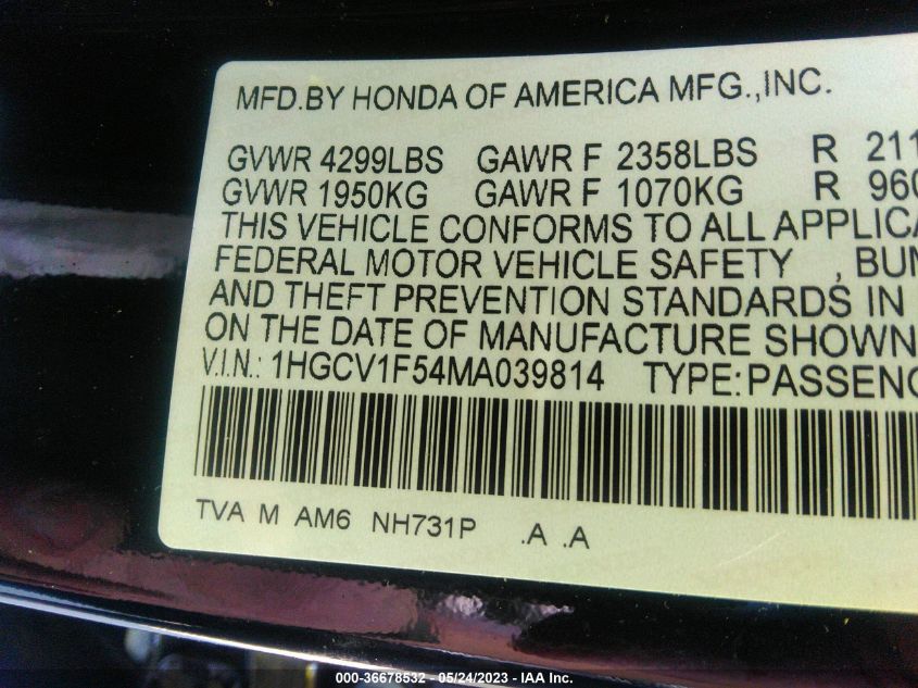 2021 HONDA ACCORD SEDAN EX-L - 1HGCV1F54MA039814