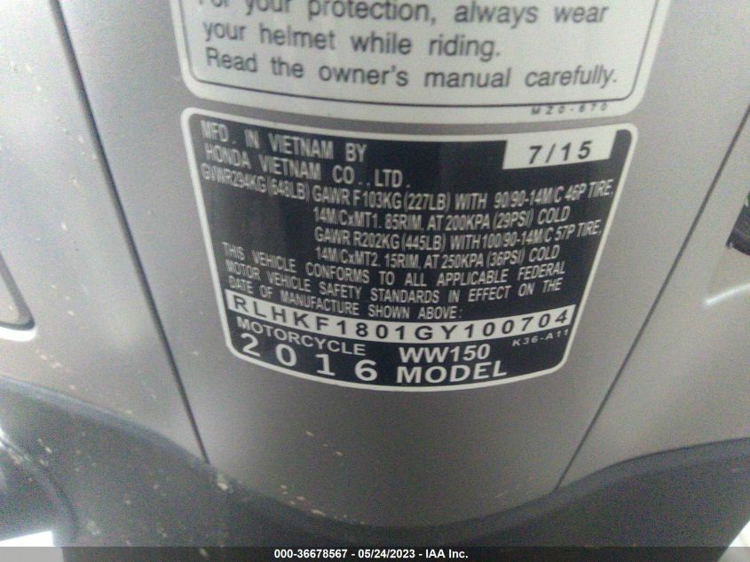 2016 HONDA PCX 150 - RLHKF1801GY100704