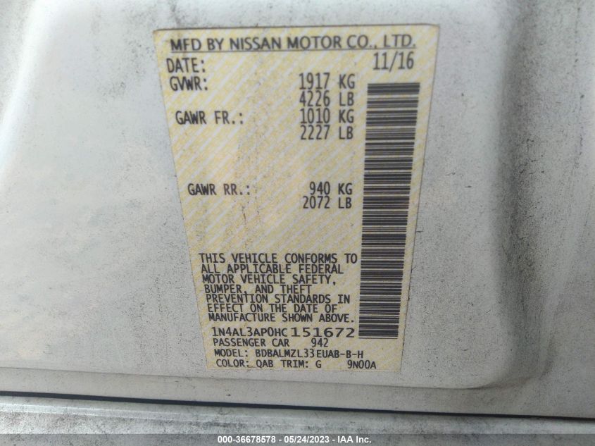2017 NISSAN ALTIMA 2.5 SV - 1N4AL3AP0HC151672