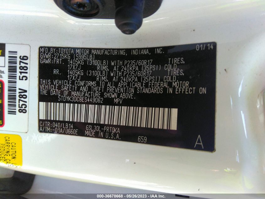 2014 TOYOTA SIENNA XLE/XLE AAS/LTD - 5TDYK3DC8ES449062