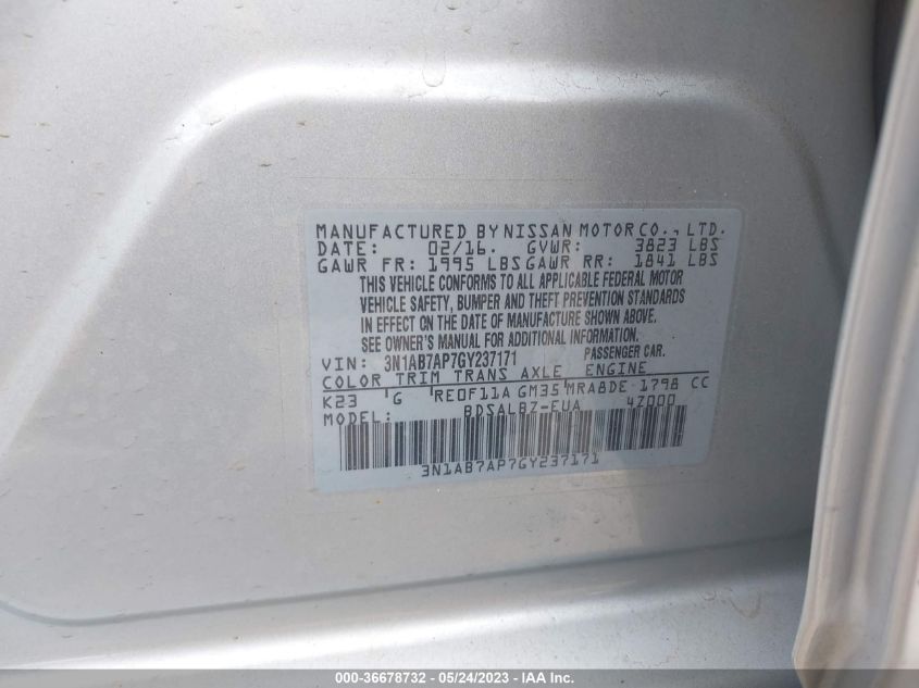 2016 NISSAN SENTRA SR/SL/S/SV/FE+ S - 3N1AB7AP7GY237171