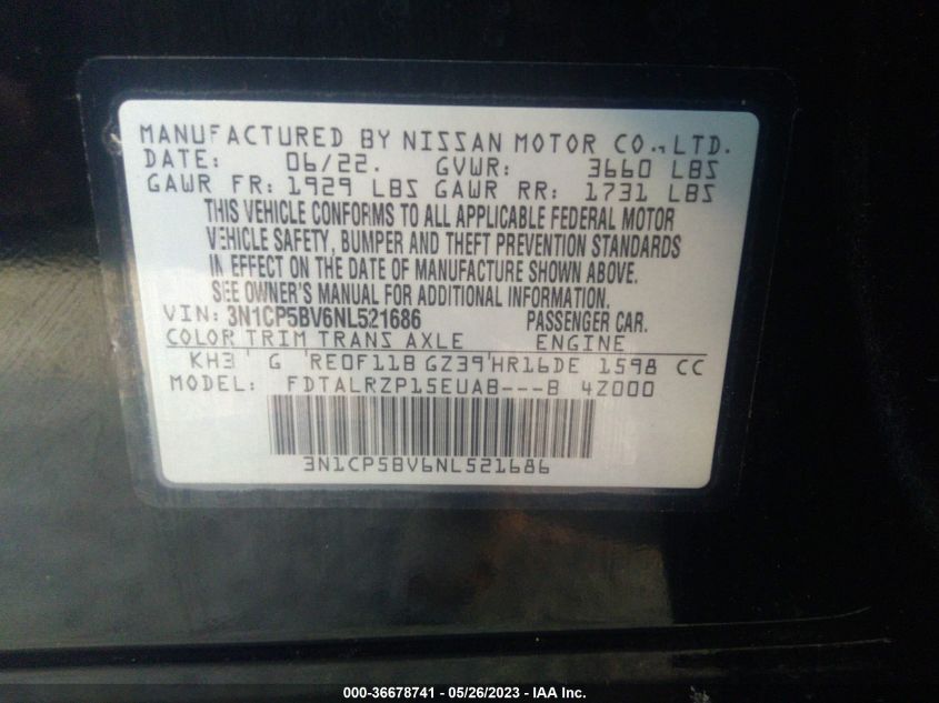 2022 NISSAN KICKS S - 3N1CP5BV6NL521686