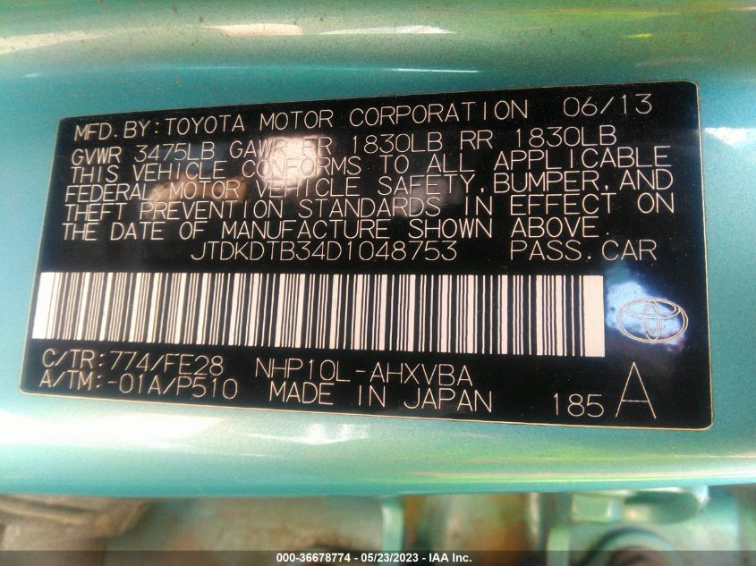 2013 TOYOTA PRIUS C ONE/TWO/THREE/FOUR - JTDKDTB34D1048753