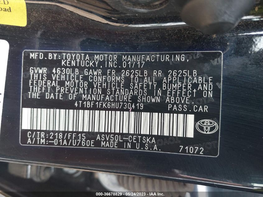 2017 TOYOTA CAMRY XLE/SE/LE/XSE - 4T1BF1FK6HU730419
