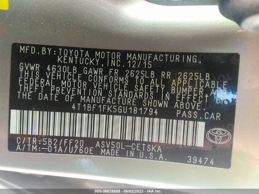 2016 TOYOTA CAMRY XLE/SE/LE/XSE - 4T1BF1FK5GU181794
