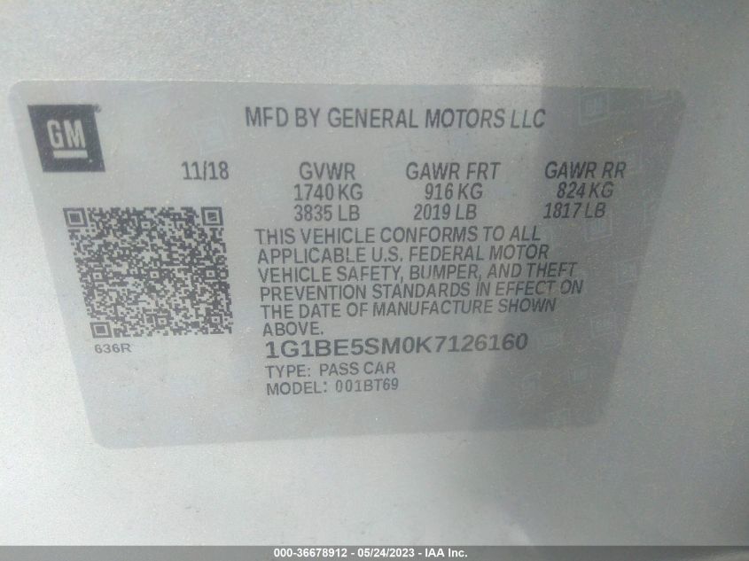 2019 CHEVROLET CRUZE LT - 1G1BE5SM0K7126160