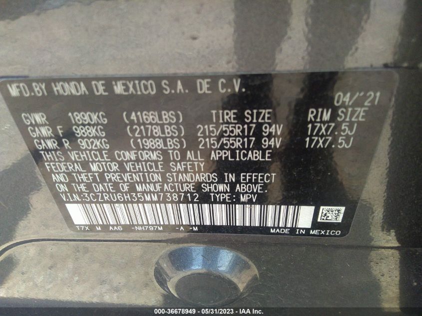 2021 HONDA HR-V LX - 3CZRU6H35MM738712