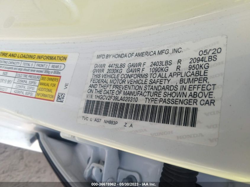 2020 HONDA ACCORD SEDAN SPORT - 1HGCV2F39LA020310