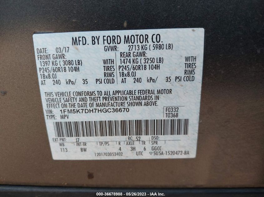 2017 FORD EXPLORER XLT - 1FM5K7DH7HGC36670