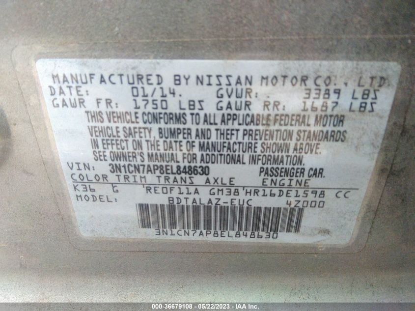 2014 NISSAN VERSA S PLUS - 3N1CN7AP8EL848630