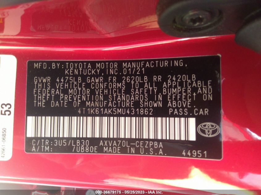 2021 TOYOTA CAMRY XSE - 4T1K61AK5MU431862
