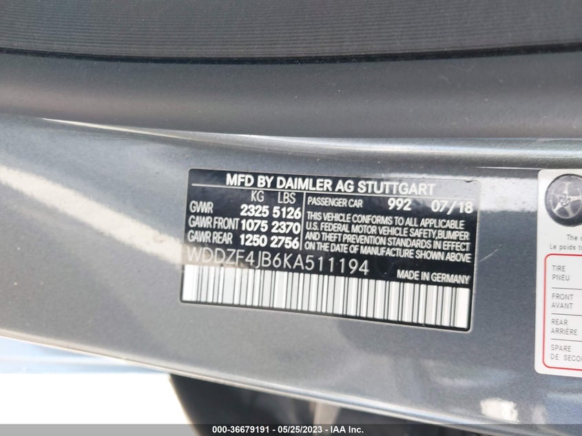 VIN WDDZF4JB6KA511194 2019 MERCEDES-BENZ E-CLASS E 300