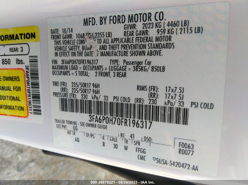 2015 FORD FUSION SE - 3FA6P0H70FR196317