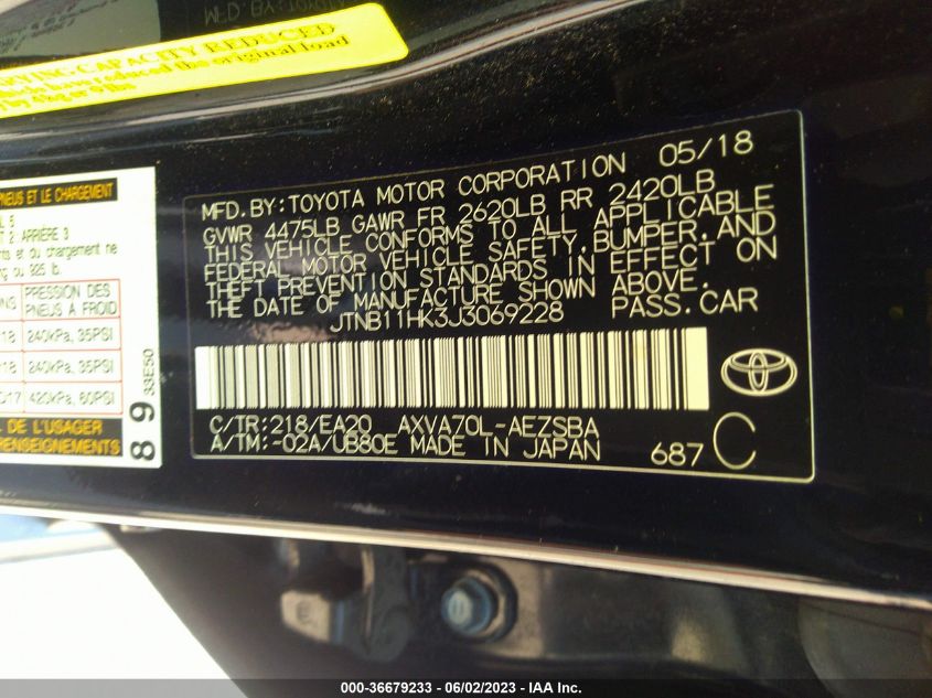 2018 TOYOTA CAMRY LE/SE/XLE/L - JTNB11HK3J3069228