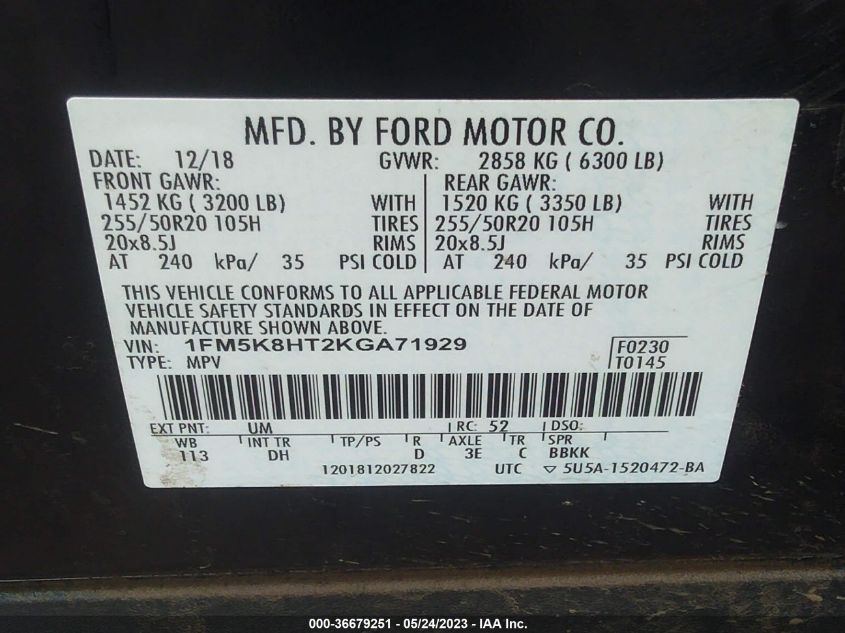 2019 FORD EXPLORER PLATINUM - 1FM5K8HT2KGA71929