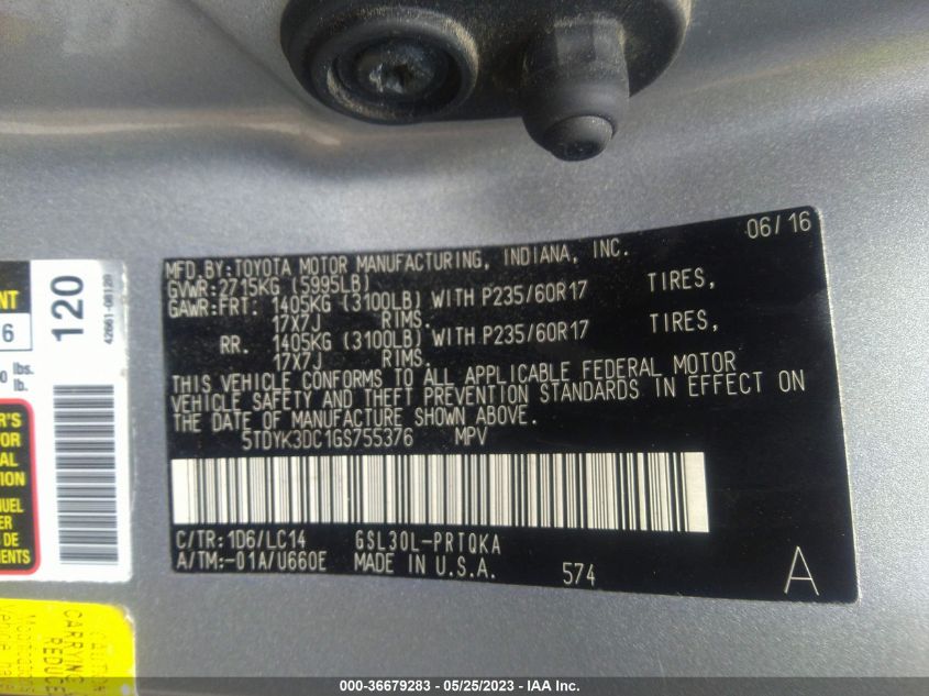 2016 TOYOTA SIENNA XLE/XLE AAS/LTD - 5TDYK3DC1GS755376