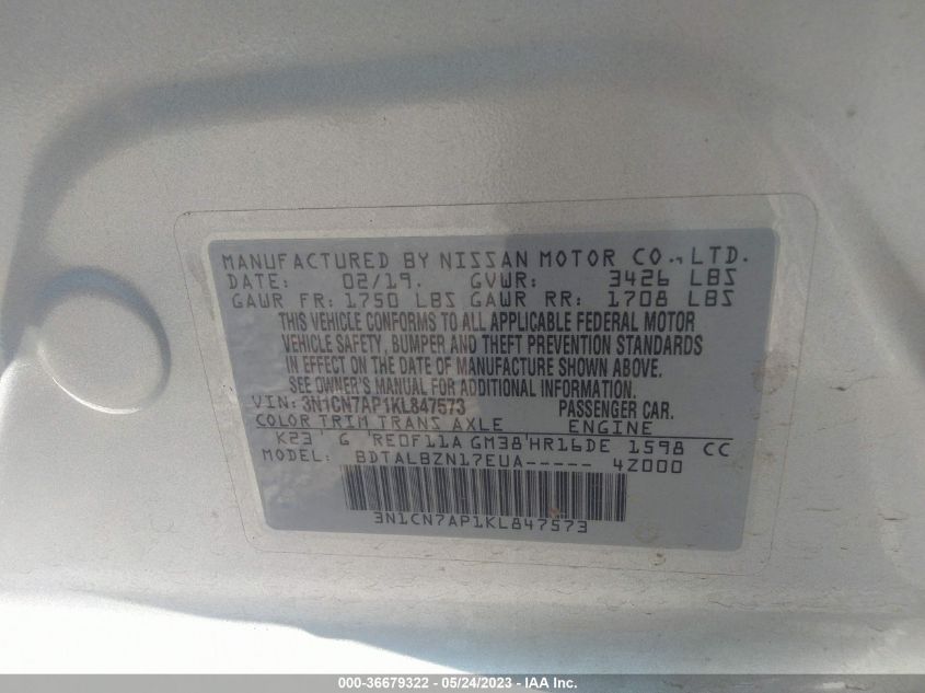 2019 NISSAN VERSA SEDAN SV - 3N1CN7AP1KL847573