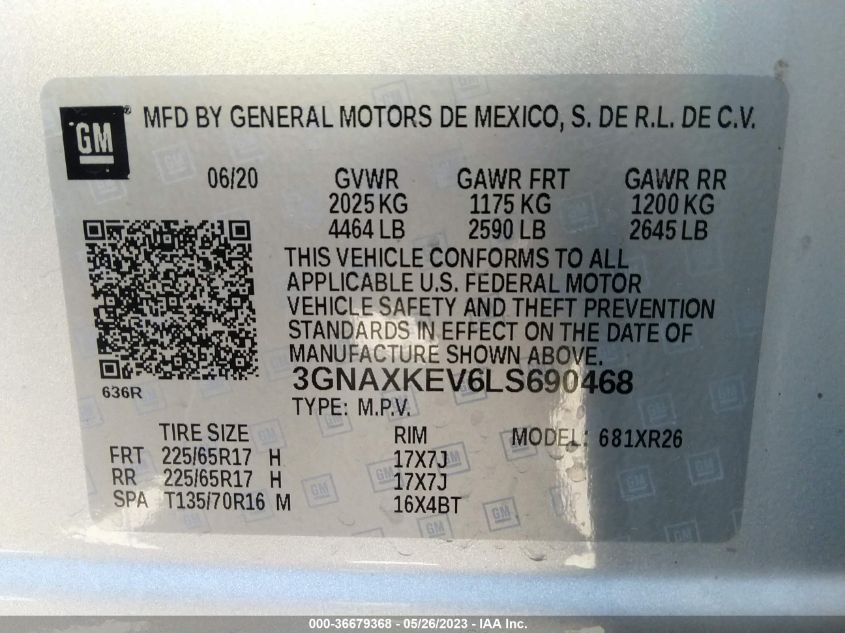 2020 CHEVROLET EQUINOX LT - 3GNAXKEV6LS690468