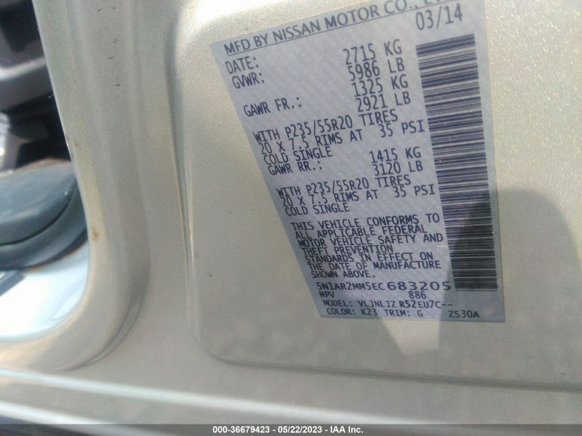 2014 NISSAN PATHFINDER PLATINUM - 5N1AR2MM5EC683205