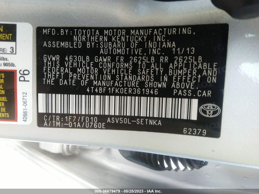 2014 TOYOTA CAMRY L/LE/XLE/SE/SE SPORT - 4T4BF1FK0ER361946