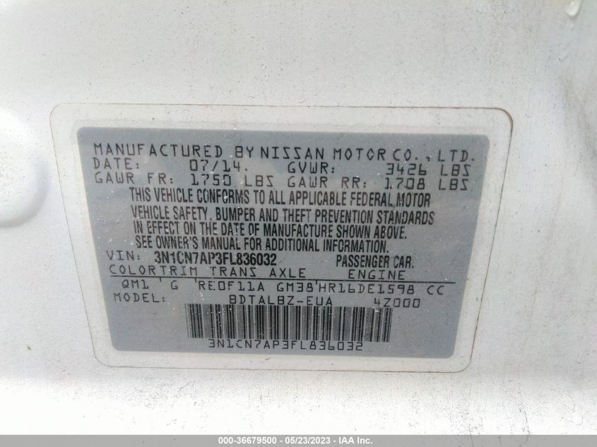 2015 NISSAN VERSA SV - 3N1CN7AP3FL836032