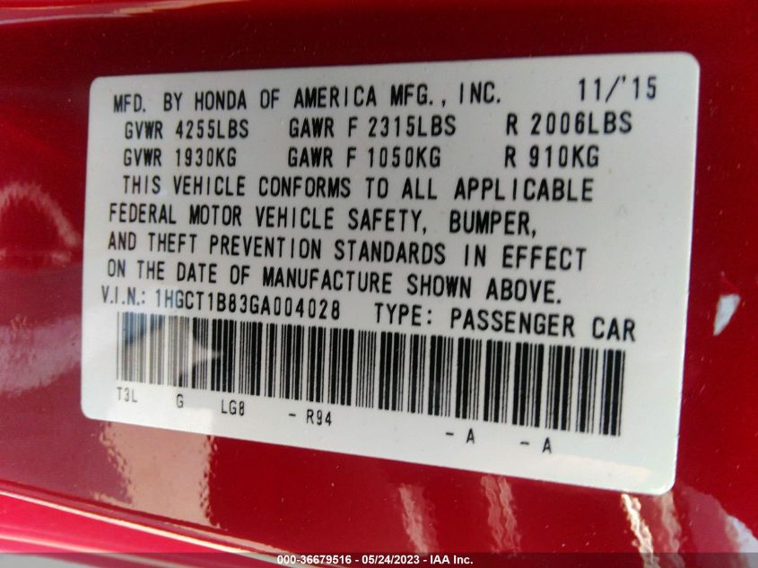 2016 HONDA ACCORD COUPE EX-L - 1HGCT1B83GA004028