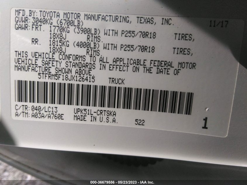 2018 TOYOTA TUNDRA 2WD SR/SR5/LIMITED - 5TFRM5F18JX126415