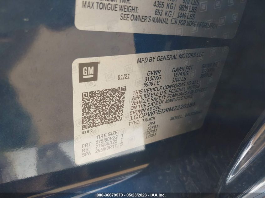 2021 CHEVROLET SILVERADO 1500 HIGH COUNTRY - 1GCPWFED9MZ220184