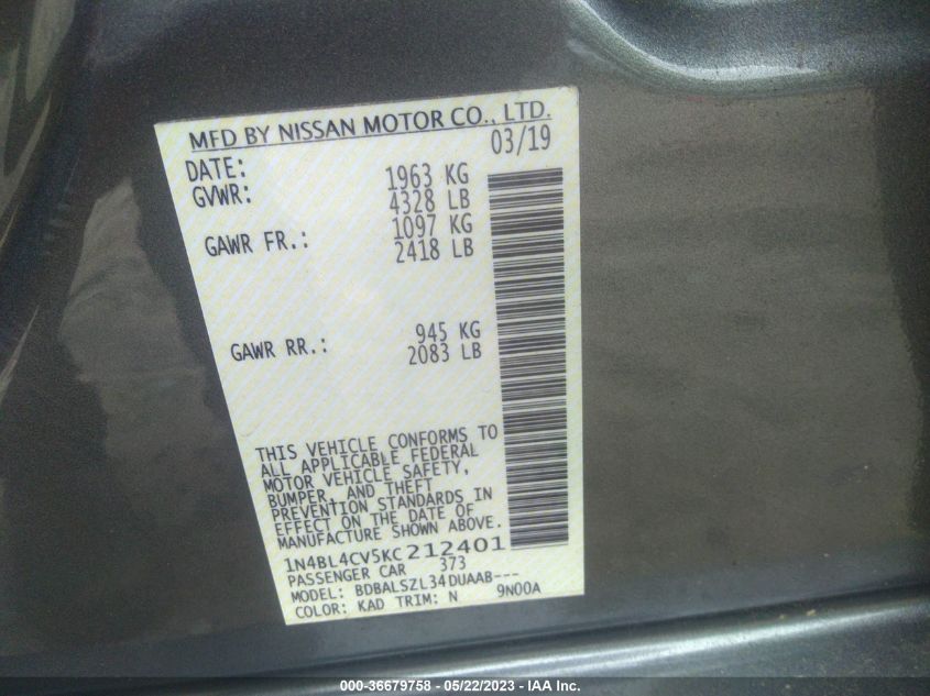 2019 NISSAN ALTIMA 2.5 SR - 1N4BL4CV5KC212401