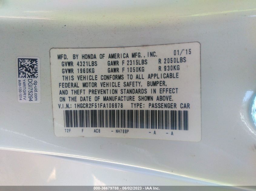 2015 HONDA ACCORD SEDAN SPORT - 1HGCR2F51FA016978