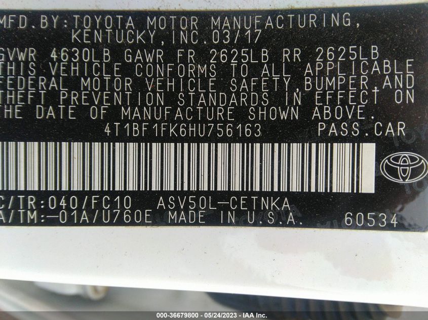 2017 TOYOTA CAMRY LE - 4T1BF1FK6HU756163