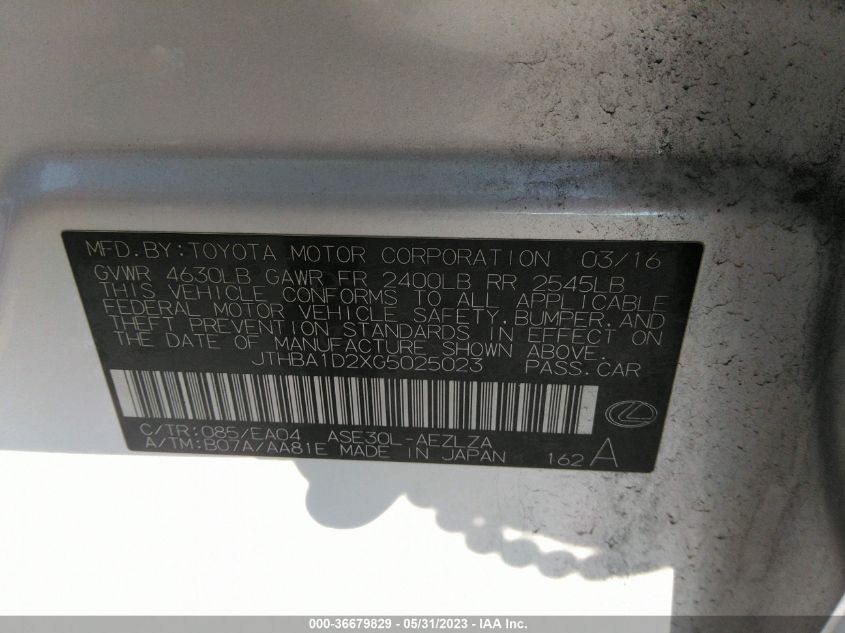 2016 LEXUS IS 200T - JTHBA1D2XG5025023