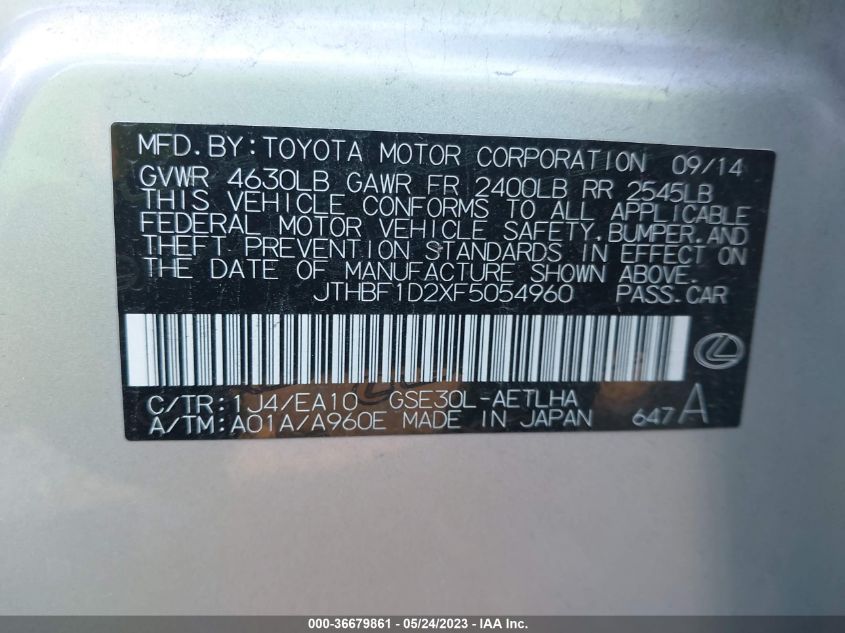 2015 LEXUS IS 250 - JTHBF1D2XF5054960