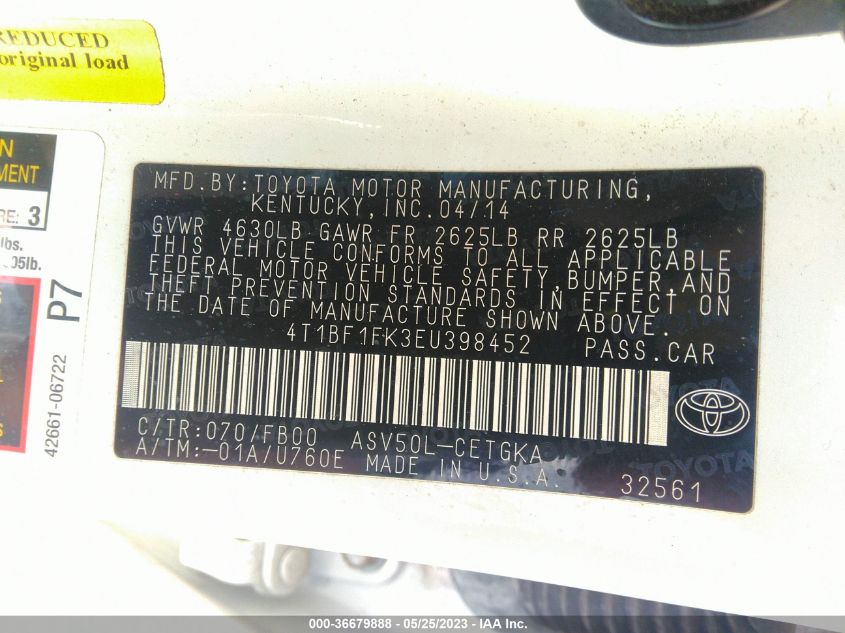 2014 TOYOTA CAMRY L/LE/XLE/SE/SE SPORT - 4T1BF1FK3EU398452